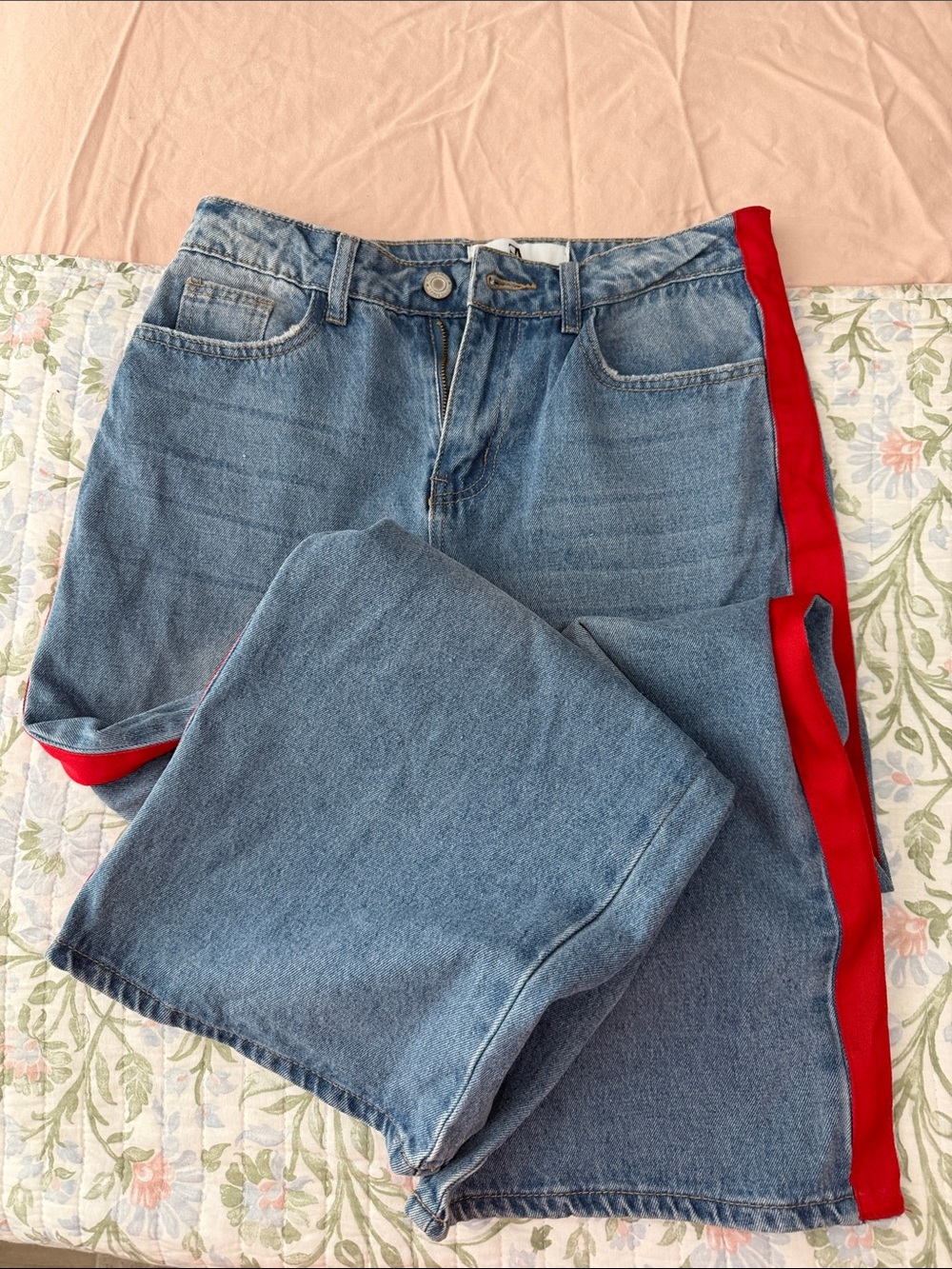 Blue Denim Women’s Jeans with Red Side Stripe